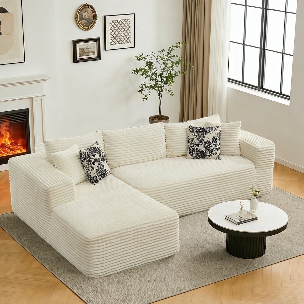 L Shaped Corduroy Cloud Couch Compression Boneless Sofas with 4 Lumbar Pillows