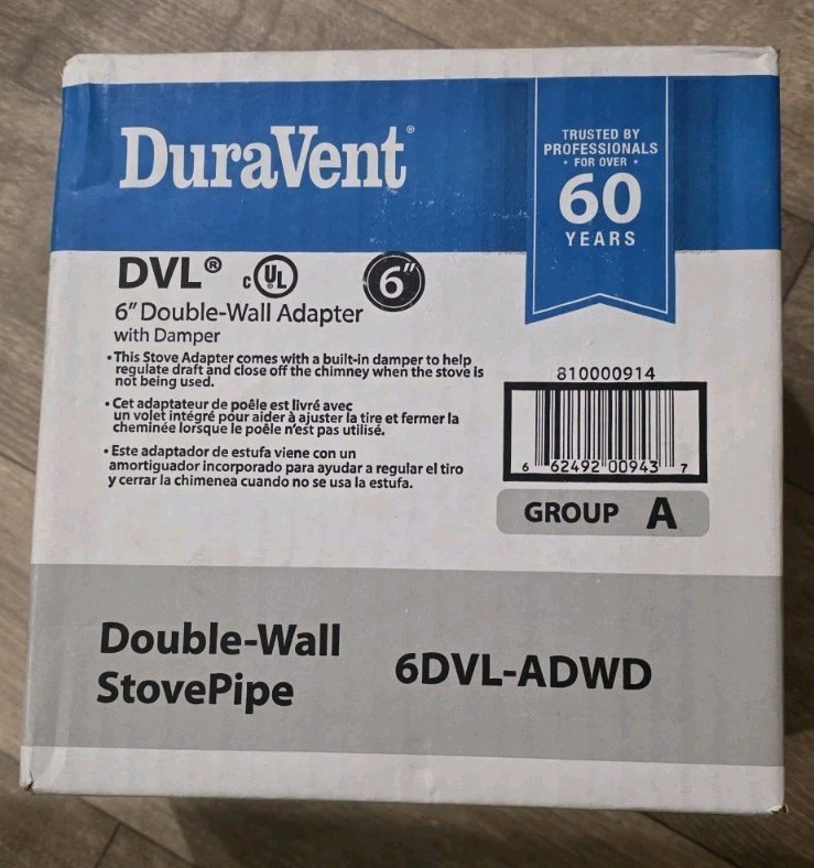 DuraVent Model DVL Double Wall Stove Pipe 6in. Diameter Stovetop Adapter, Dampe