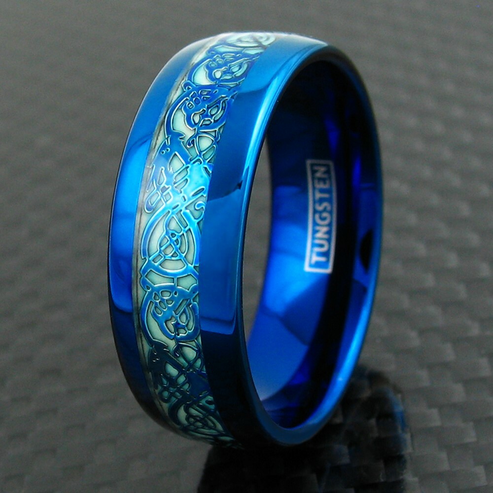 8mm Blue Tungsten Men's Ring Celtic Dragon *Glow in the Dark* Wedding Band