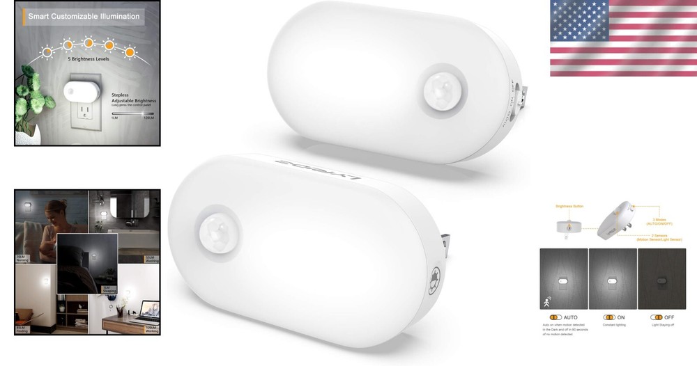 Stepless Adjustable LED Night Lights with Motion Sensor - Cold White Glow 2-Pack