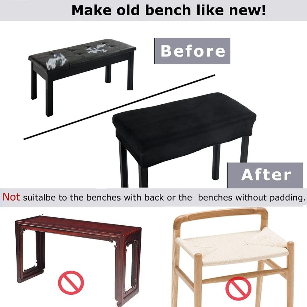 Modern Small Velvet Stool Cover - Rectangular Piano Bench Protector, Black