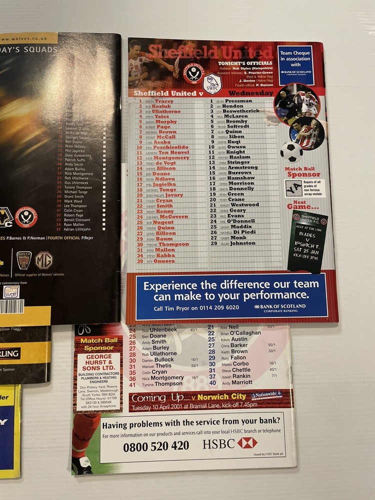 Sheffield United Wednesday Wolverhampton Bromwich 2001-03 Programmes Bundle