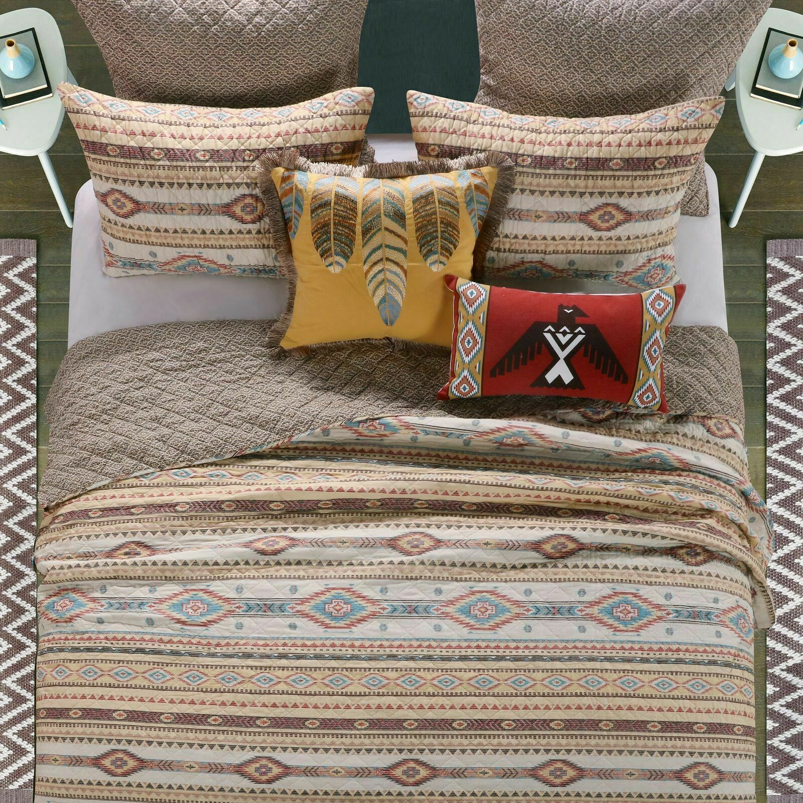 SOUTHWESTERN PHOENIX 3p King QUILT SET : BROWN TURQUOISE SOUTHWEST NATIVE TRIBAL
