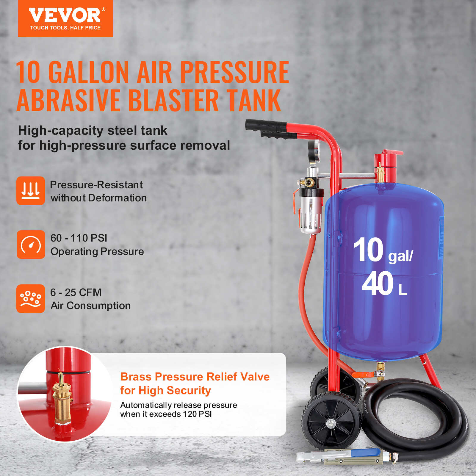 VEVOR 10 Gallon Sandblaster Portable Air Sand Blaster Media Abrasive 60-110PSI