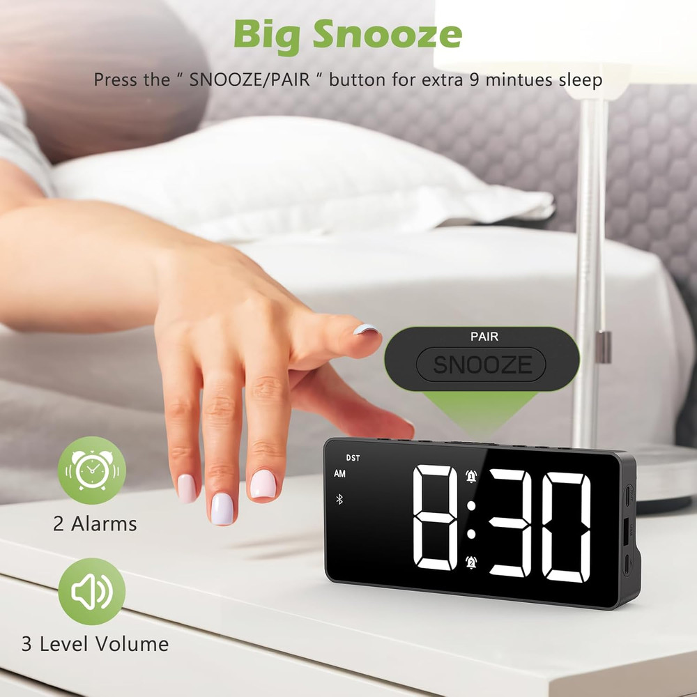 7 Inch Digital Alarm Clock with Bluetooth Sync Time, Auto-Sync Time, Adjustable