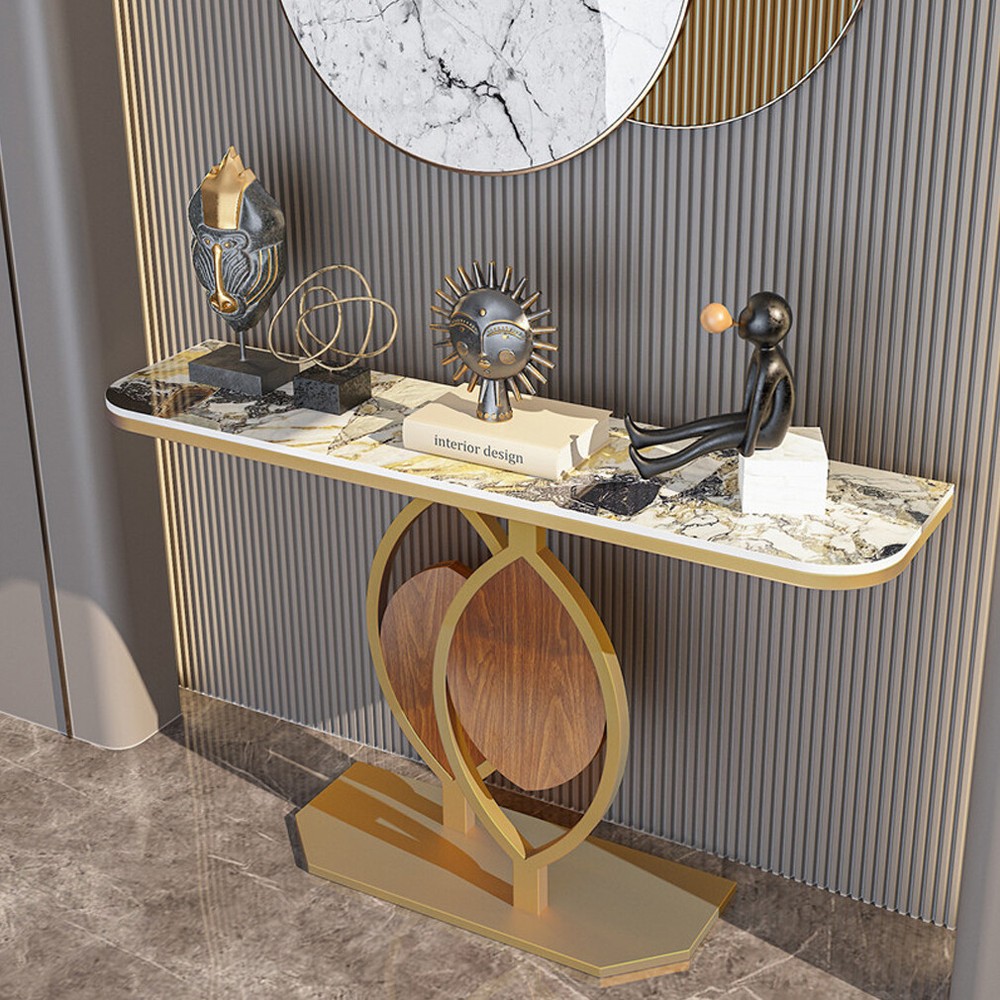Noble＆Elegant Sintered Stone Console Table Hallway Table with Strong Metal Frame