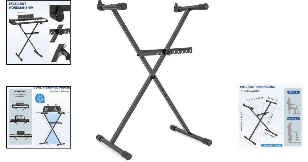 Heavy-Duty X-Style Keyboard Stand with 7-Position Adjustable Height & Stability