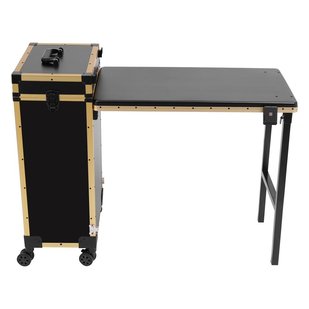 Rolling Makeup Case with Mirror Light Bluetooth Speaker Black Gold Trim Lockable