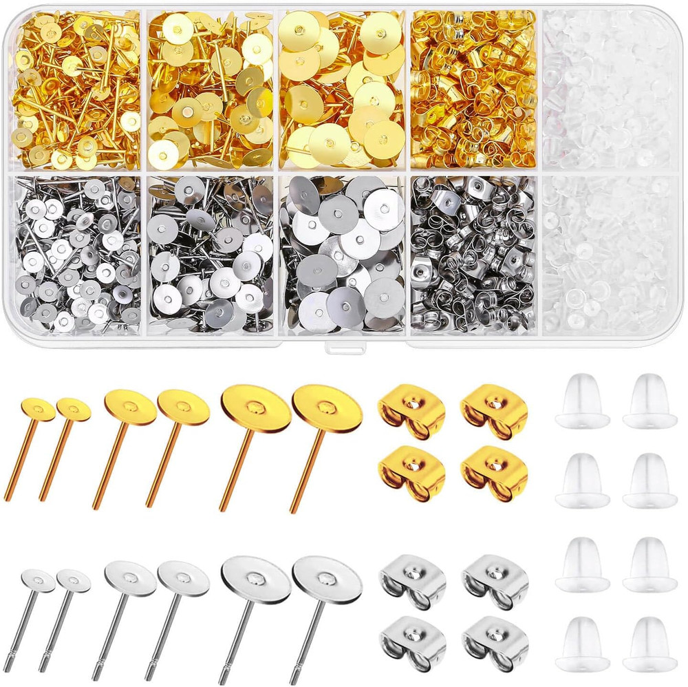 Hypoallergenic Earring Posts and Backs,  2000Pcs Stud Earrings Making Kit with E