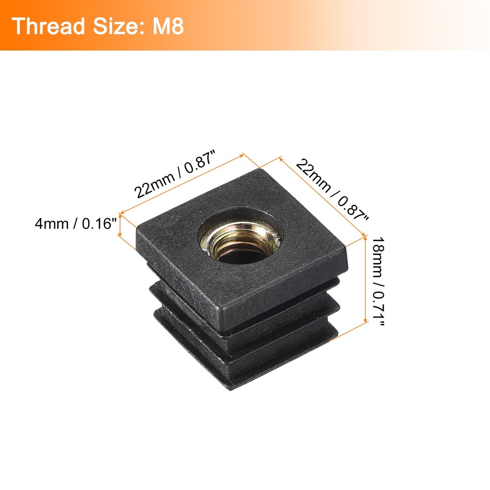4Pcs 0.87"x0.87" Caster Insert with Thread, Square M8-1.25mm Thread