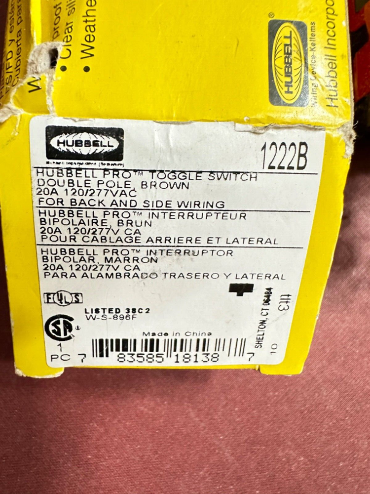 Hubbell 1222B Toggle Switch Hubbell-Pro Double Pole Back/Side Wiring Brown