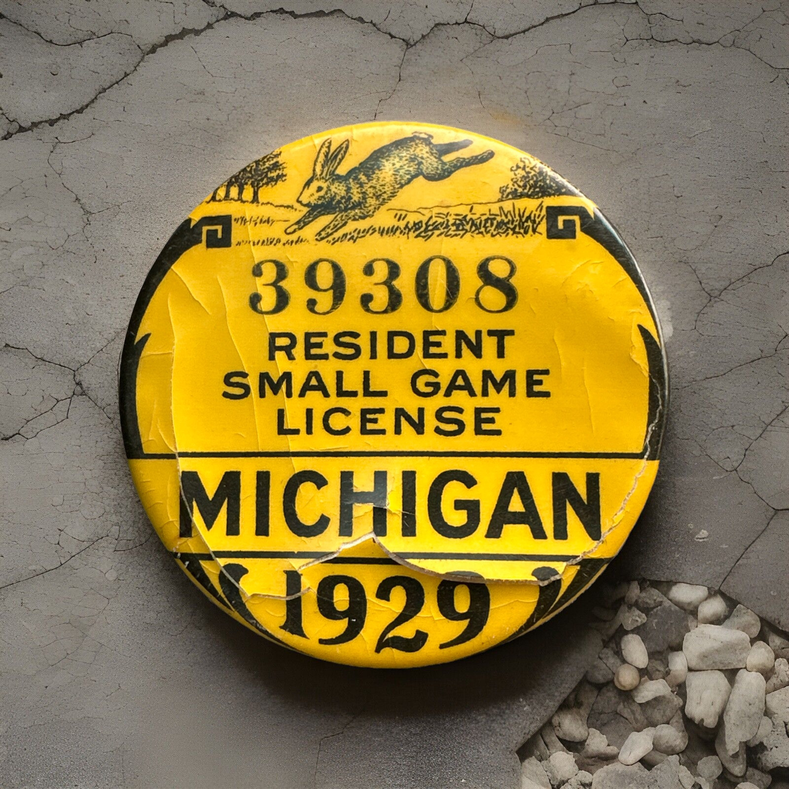 Vintage 1929 Michigan Resident Hunting License Small Game Pin Back #39308 1 3/4”