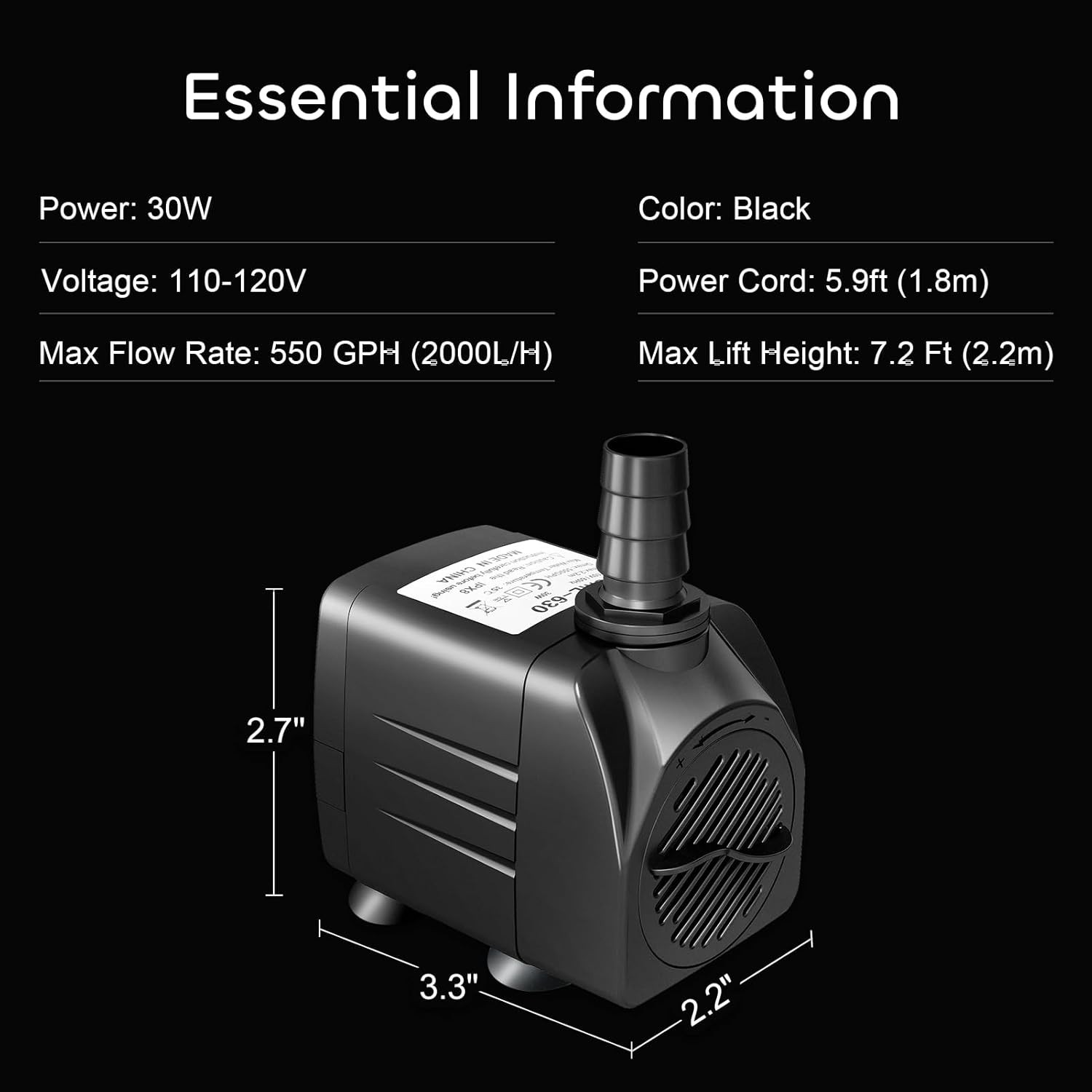 550 GPH Submersible Water Pump, 30W Ultra Quiet with 3 Nozzles for Aquatic Use