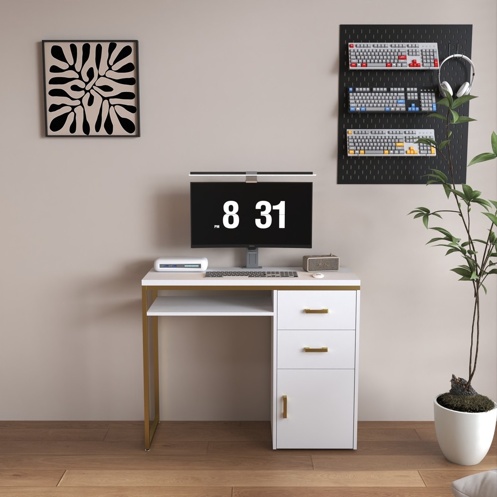 Modern Computer Desk With 2 Drawers And Cabinet White Vanity Study Writing Table