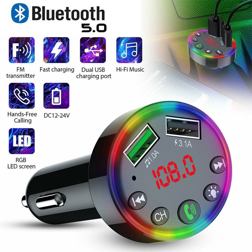 Bluetooth Car FM Transmitter Wireless Adapter Dual USB Charger Colorful Lights