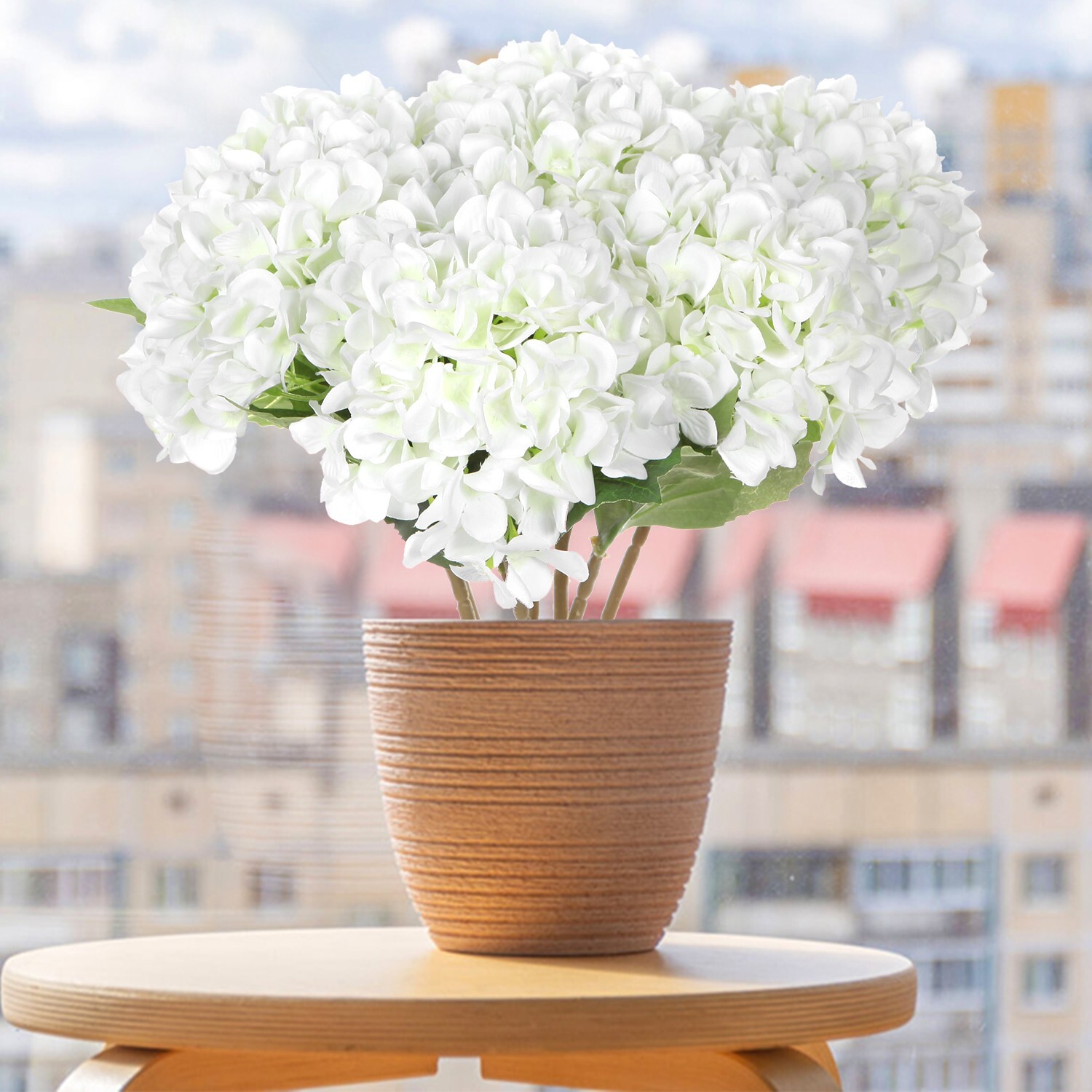 EZFLOWERY 5 Pcs Artificial Silk Hydrangea Flowers 18'' Bouquet Arrangement White