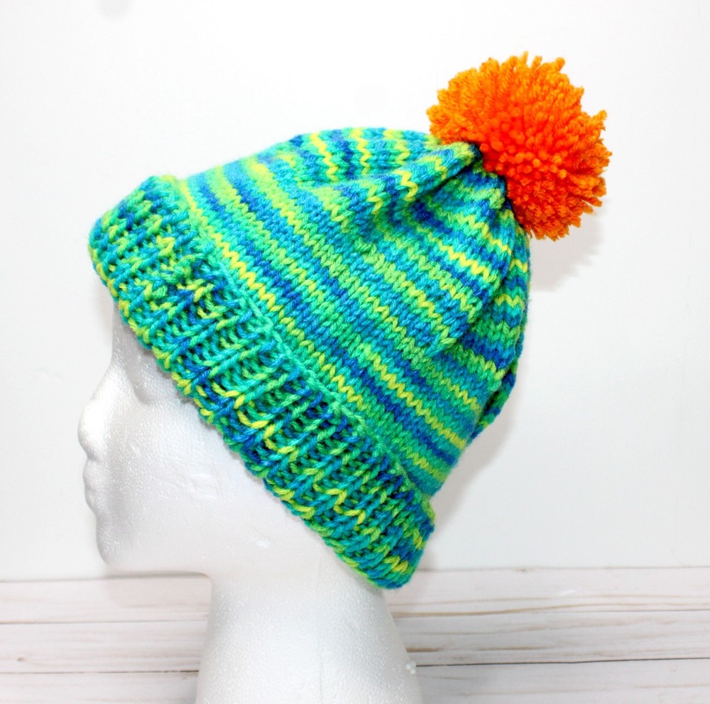 Hand Crocheted Yarn Blend Hat with Orange Pom Pom