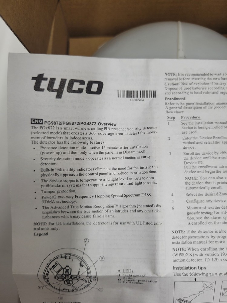 Tyco - PG9872 Wireless Long Range Ceilings Mount 360 Motion Sensor