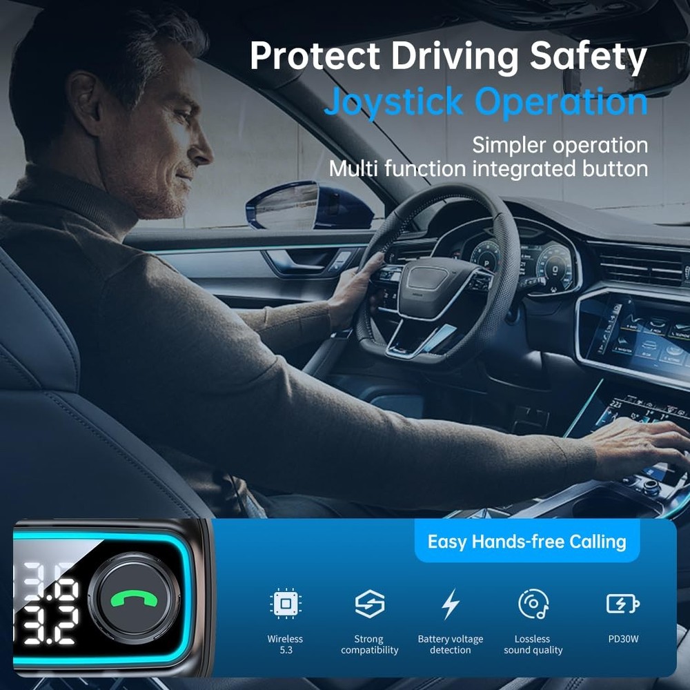 Bluetooth 5.3 Car Adapter FM Transmitter, 42W (PD30W & 12W) USB Small, Black