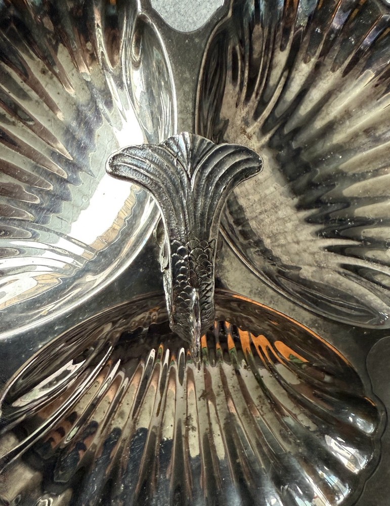Silver Plated Three Scallop Shell Shaped Serving Dish Center Dolphin Handle
