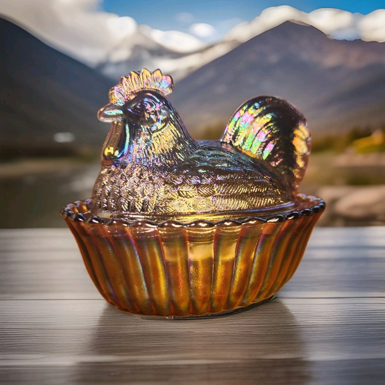 5" Rooster With Split Tail on a Ribbed Nest Titanium Carnival Westmoreland Mould