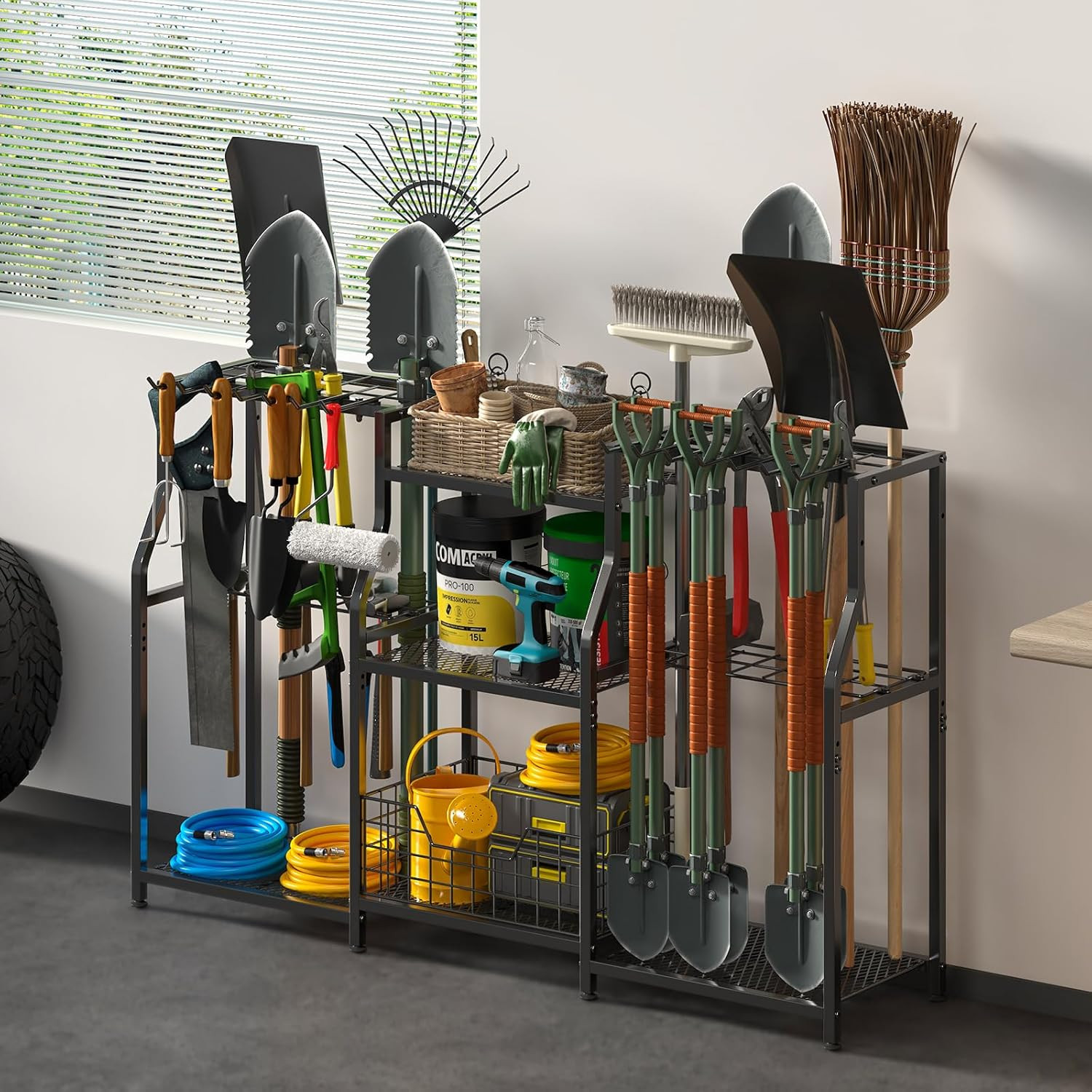 Heavy Duty Garden Tool Organizer Rack - 3 Tier Storage with Hooks