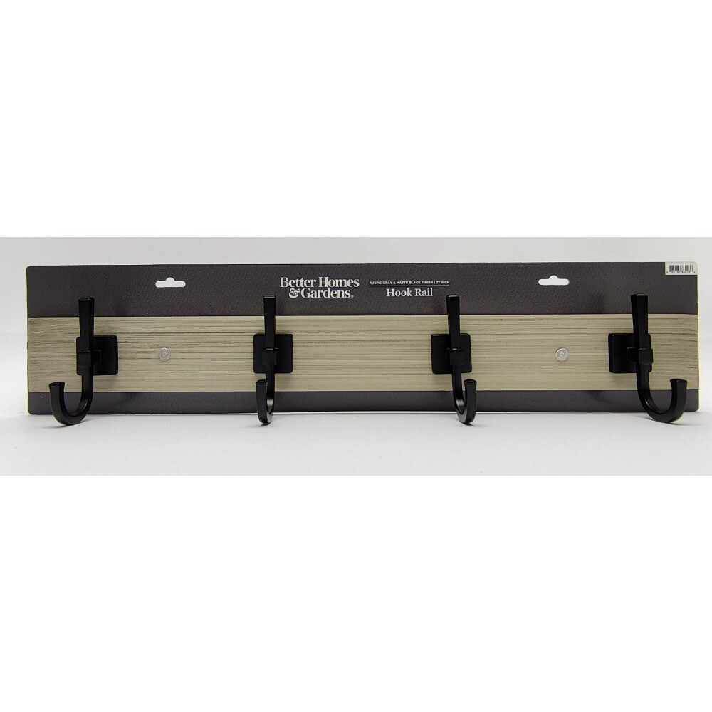 Miller 27" Wall Mounted Hook Rack, 4 Hooks, Rustic Gray & Matte Black