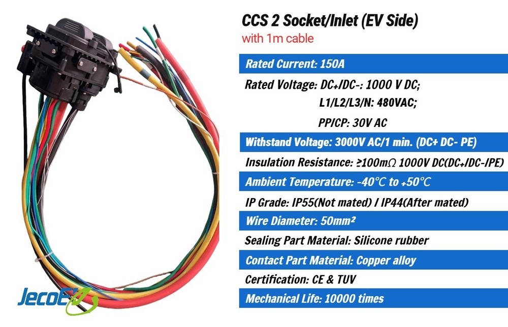 CCS2 EV Charging Inlet Port/Socket (Car Side), 150A 1000VDC Max, With 1m Cable