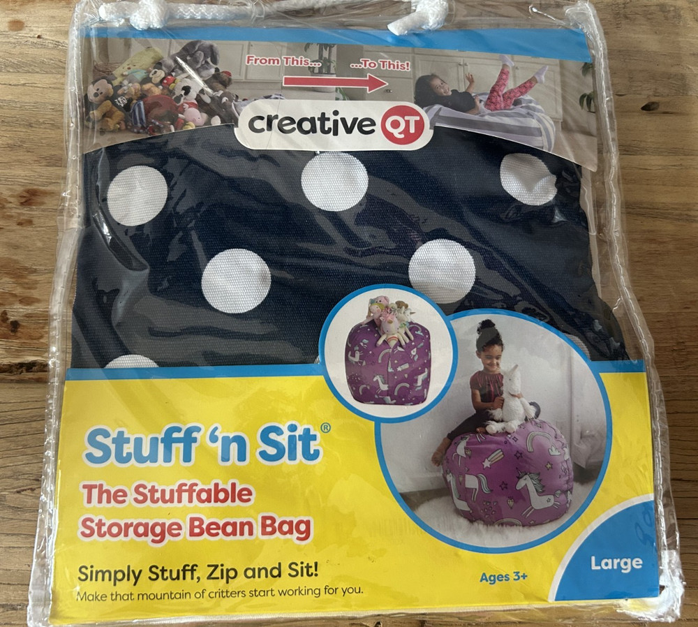 NIB Creative QT Stuff ’n Sit Large 33’’ Stuffable Storage BeanBag Blue Polka Dot