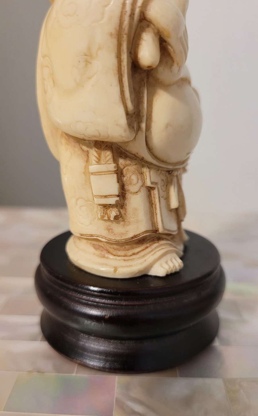 Vintage Japanese Carved Happy Buddha Figurine on Wood Stand 3-3/4" tall