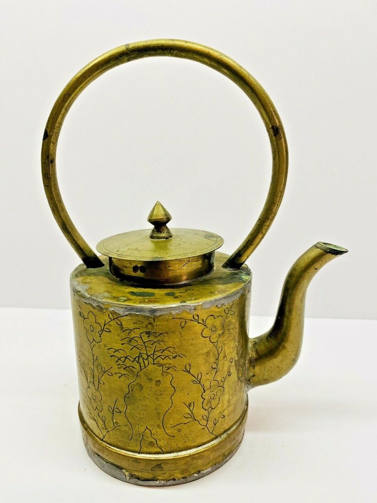 Vintage Small Etched Round Brass Tea Pot