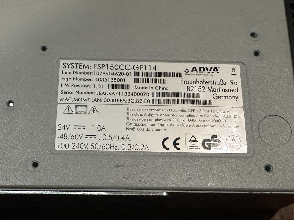 ADVA FSP150CC-GE114 Compact Optical Networking Network DC Switch Module