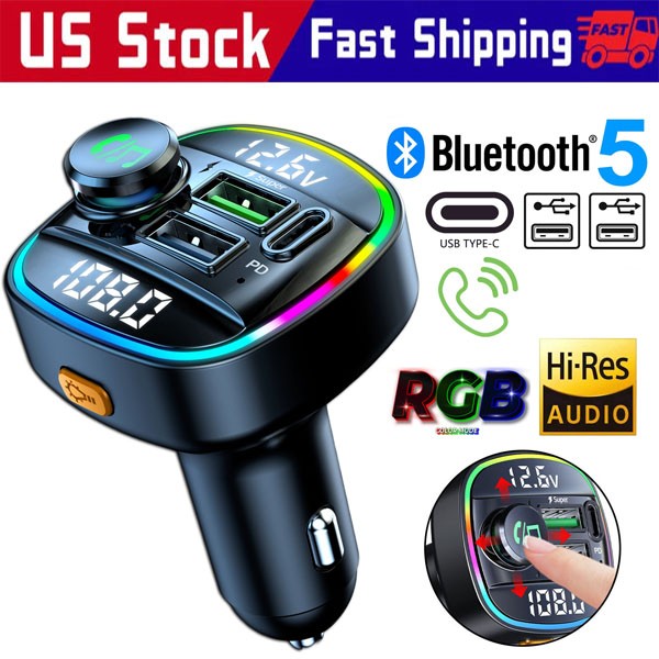 Bluetooth 5.0 Car Wireless FM Transmitter Adapter USB PD Charger AUX Hands-Free
