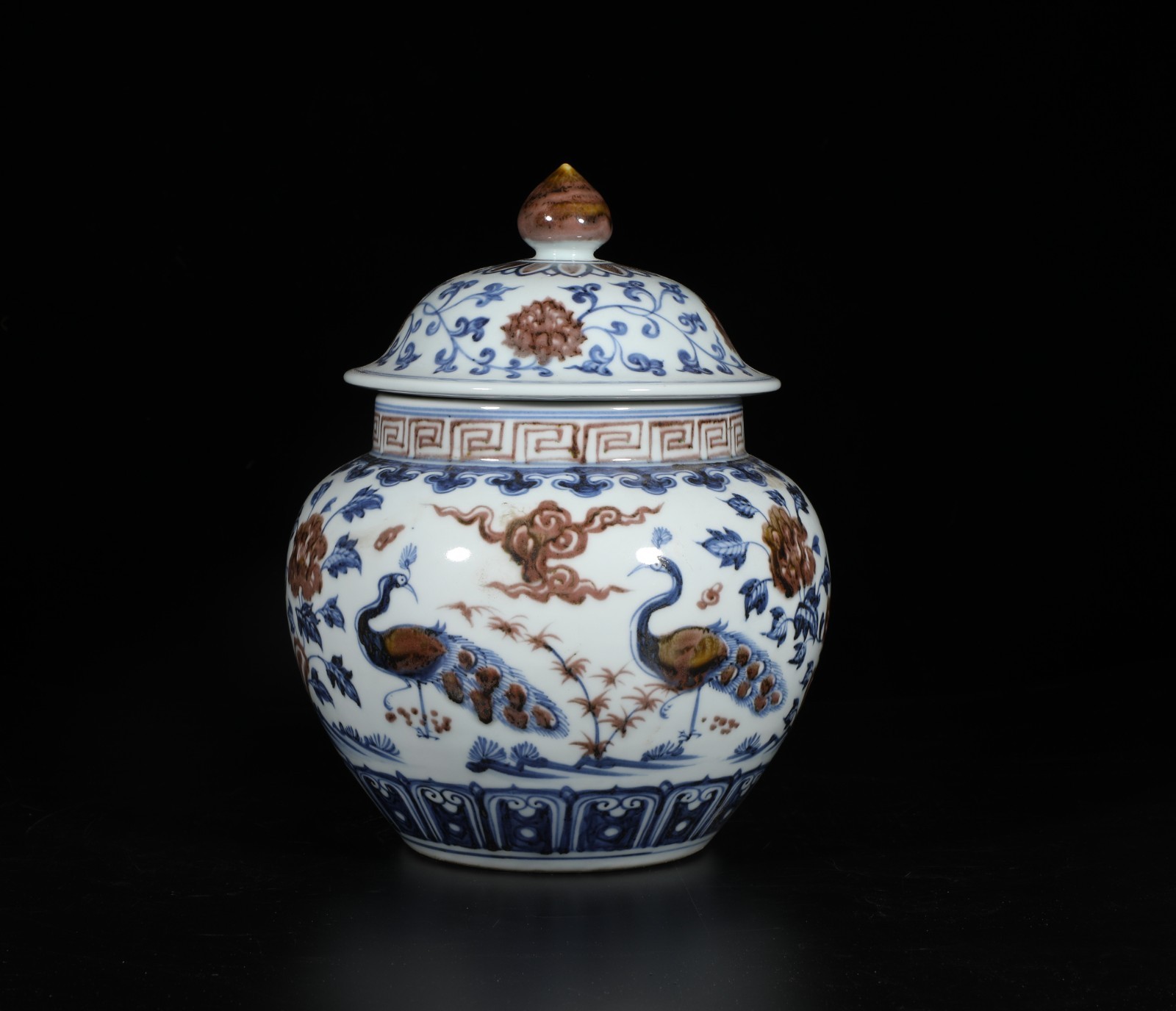An Iron Red Blue & White Porcelain Jar with lid. 'xuanDe' mark