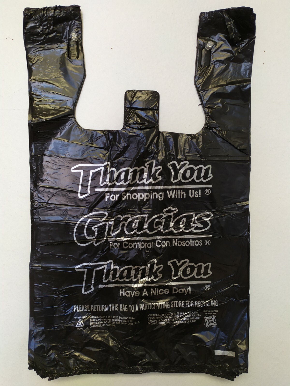 1/6 Large 20 x 6.5 x 11.5 BLACK Thank you T-Shirt Plastic Grocery Shopping Bags