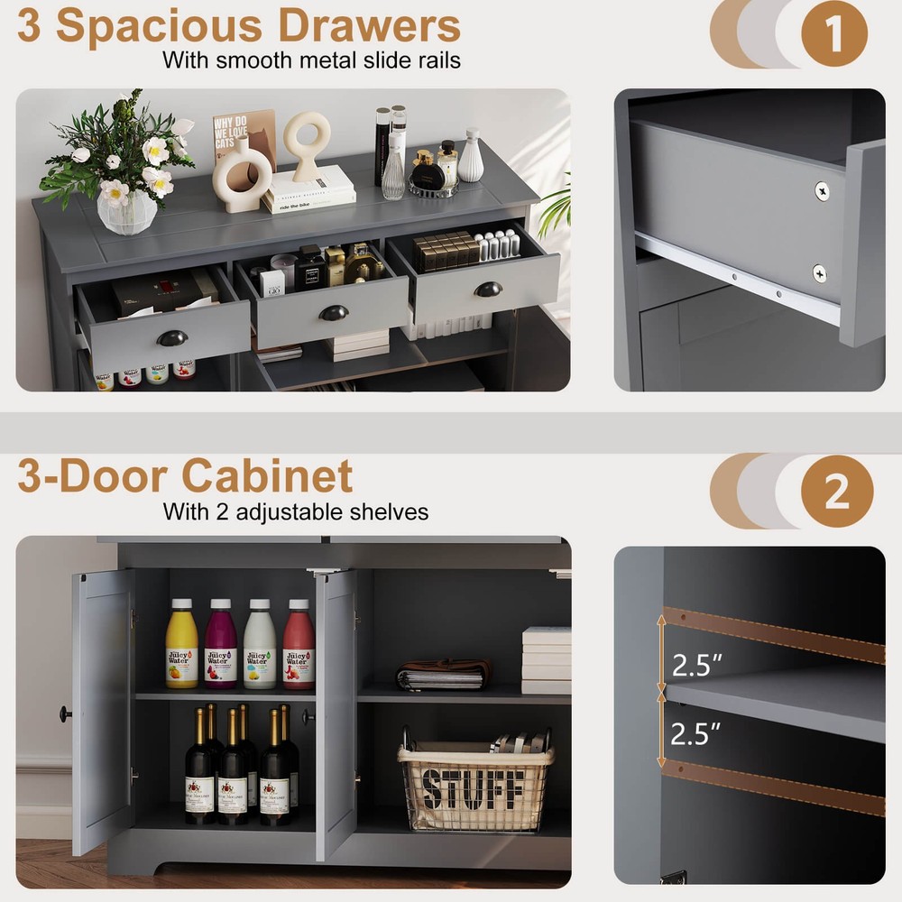 3 Drawers Sideboard Buffet Cabinet Console Table Kitchen Storage Cupboard Gray