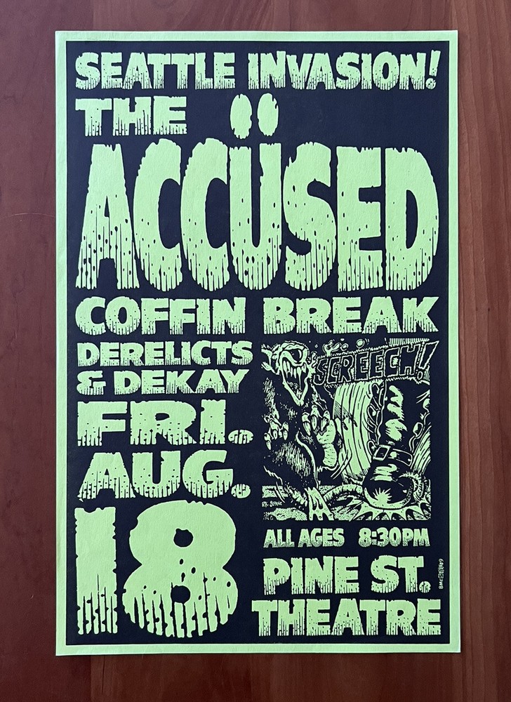 Original 1989 Accused Coffin Break Derelicts Concert Poster 11” X 17” Metal PSC