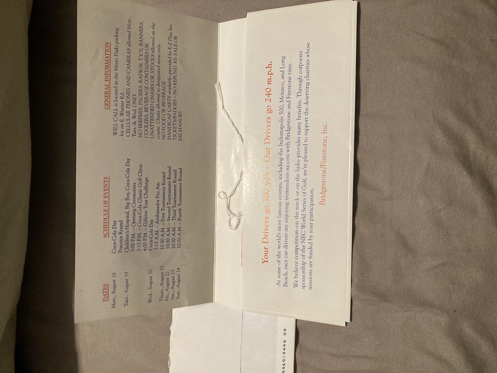 1997 NEC Golf Invitational Grounds Passes. Never Used With Original Envelope