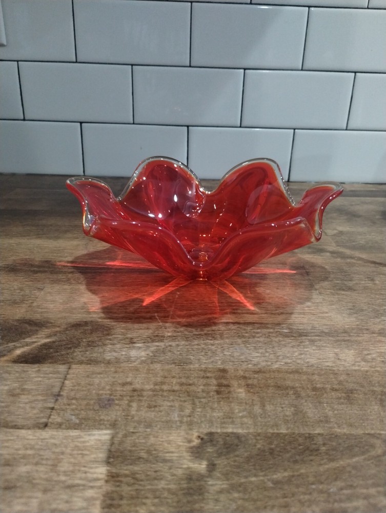 Vintage MCM L E Smith RED Glass Open Compote 8" EUC