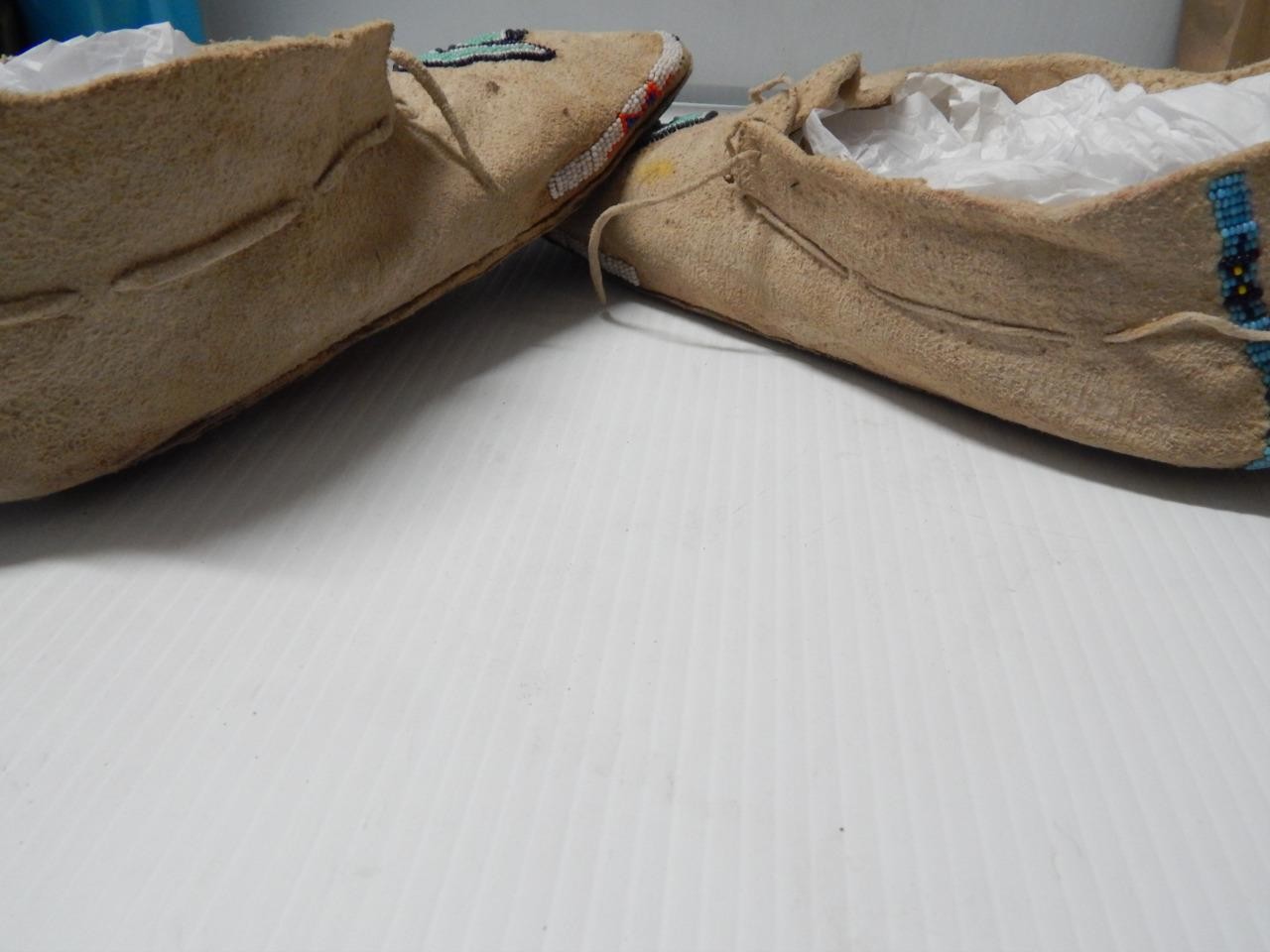 ANTIQUE VINTAGE KIOWA INDIAN BEADED MOCCASINS - HARD SOLES - BRAIN TANNED