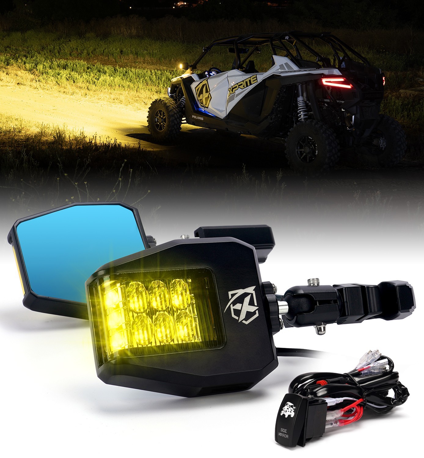 UTV Rear View Side Mirrors w/ Yellow Spot Light for 1.75"-2" Roll Bar Adjustable