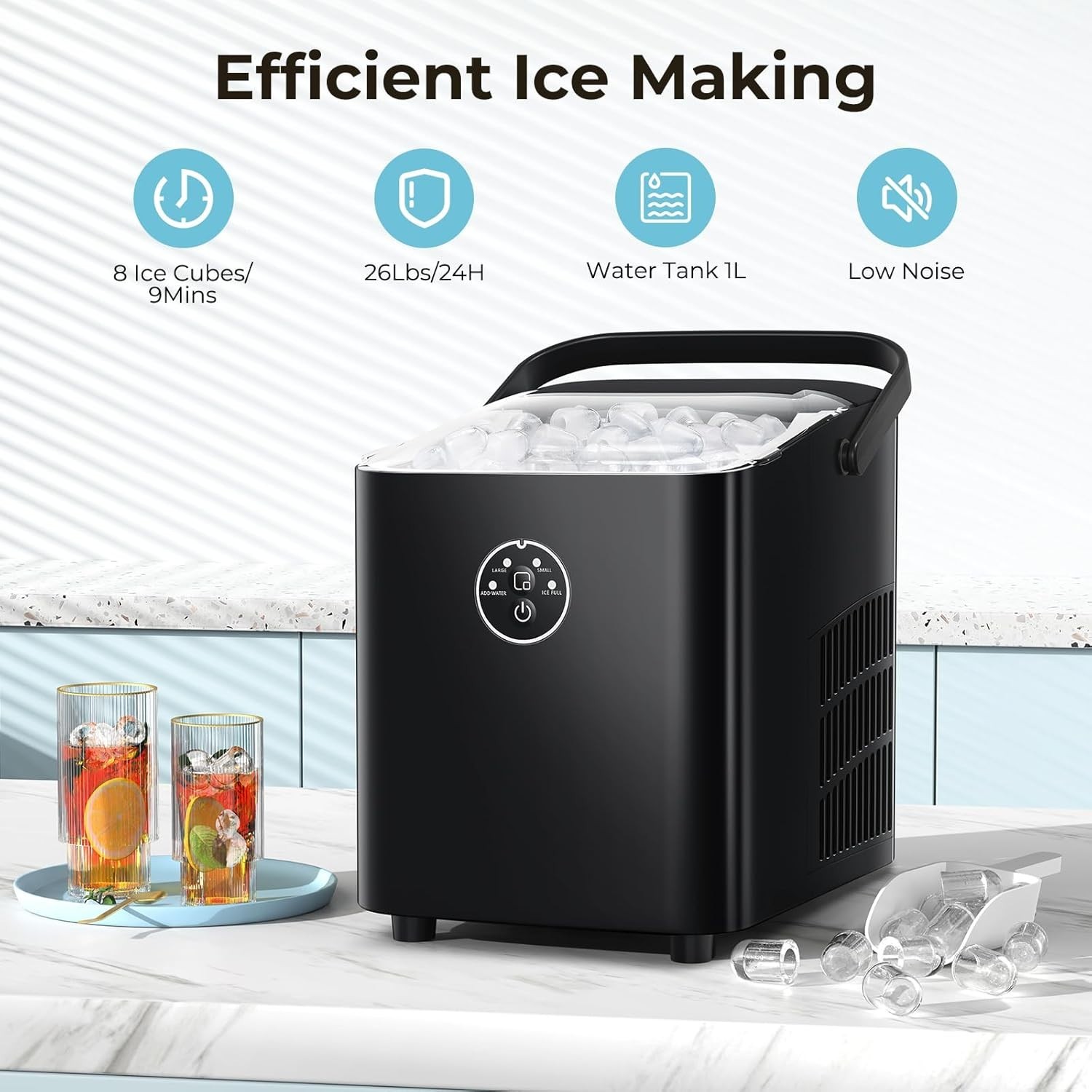 Countertop Ice Maker with Handle, 8 Bullet Ice Ready in 6 Mins, Self-Cleaning