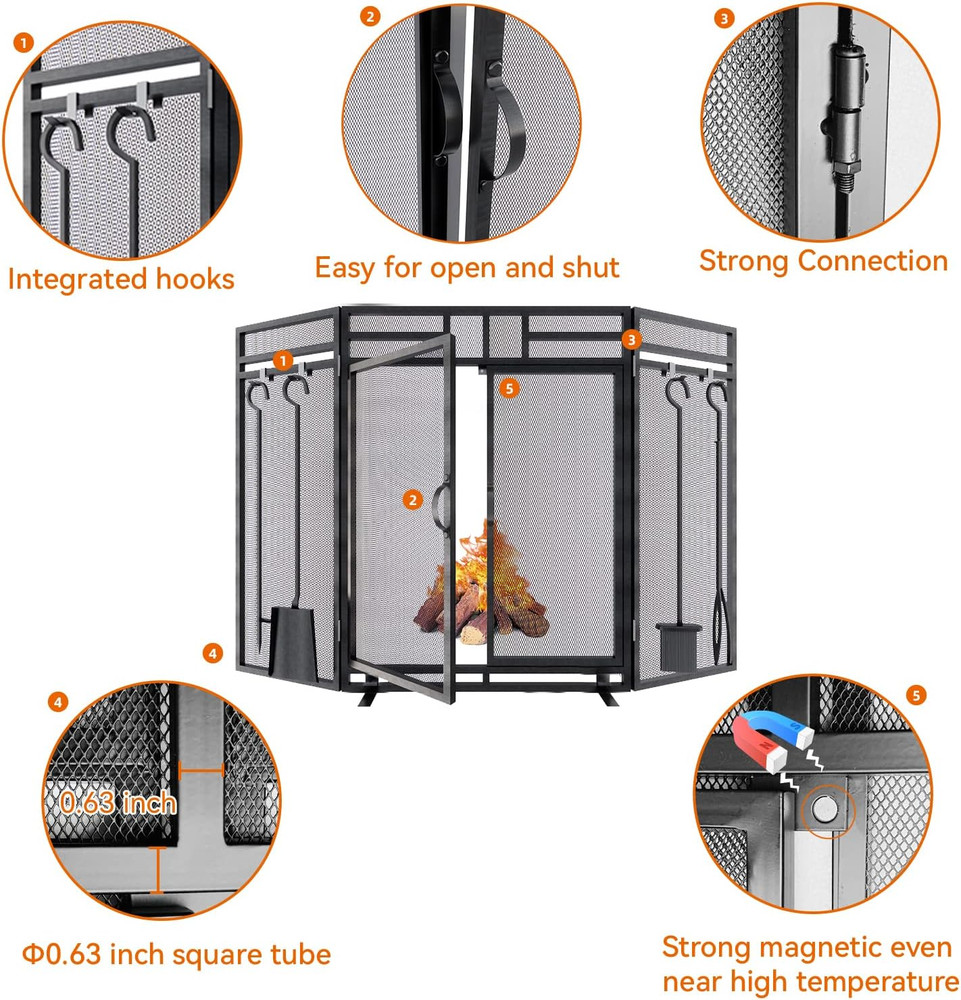 Fireplace Screen with Doors and Tools Set,3 Panel Foldable Metal Fireplace Guard