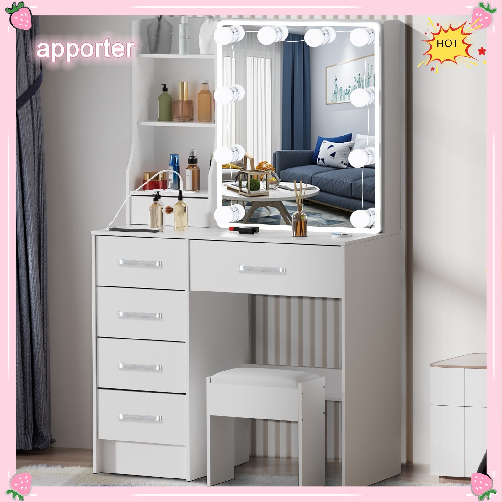 10 LED Bulbs Mirror Vanity Dressing Desk Makeup Dresser Table With USB Port