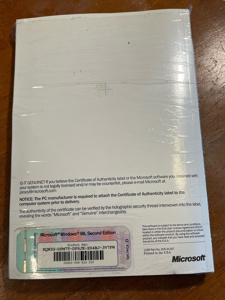 New Microsoft Windows 98 Getting Started OEM Manual Certificate Product Key CD