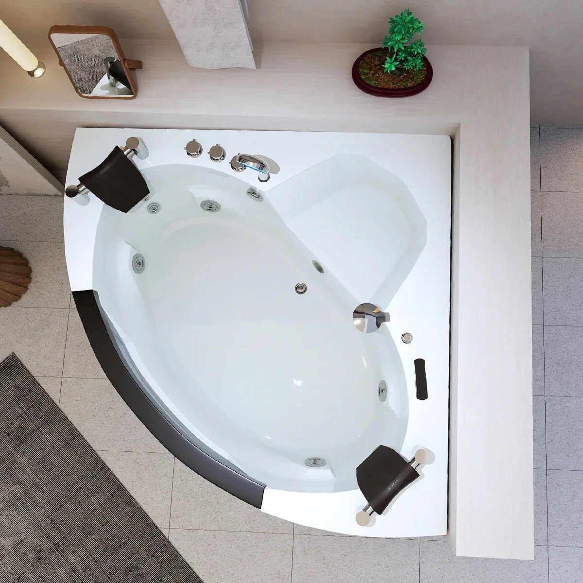 Corner Bathtub 61" Acrylic with Light, Heater, Freestanding Soaking Spa Jetted