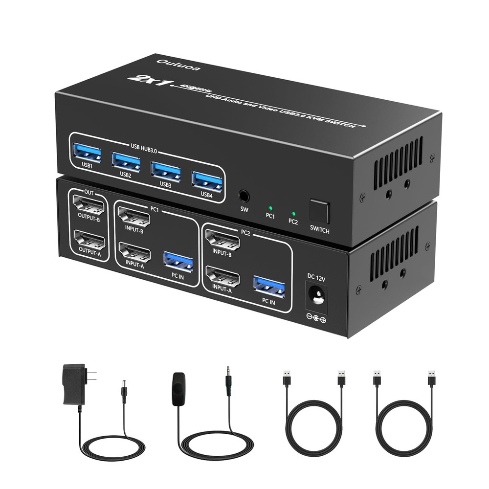 Ouluoa KVM Switch 2 Monitors 2 Computers, 4K@60Hz,Simulation EDID, USB 3.0 KV...