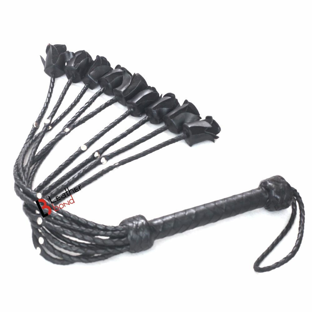 Rose Flogger Real Cowhide Leather 9 Braided Falls Heavy Black Roses & Studs