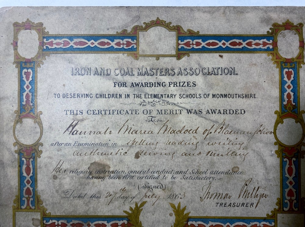1863 Iron & Coal Workers Association Certificate Blaenau Elementary School UK