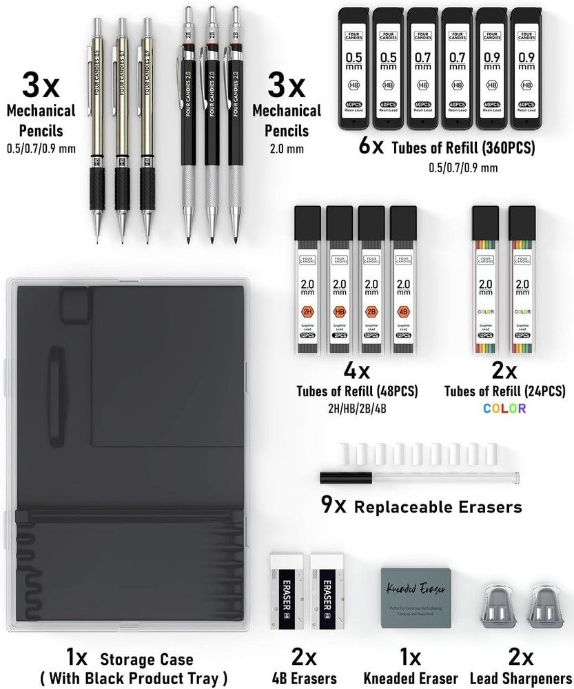 Comprehensive Drawing Kit: 25PCS Mechanical Pencils with Color & Graphite Leads